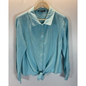 Boston Proper Shirt Women M Blue‎ Button Up Tie Front Linen Long Sleeve